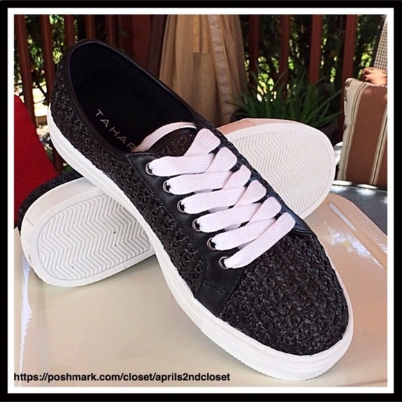 TAHARI LEATHER & WOVEN LACE UP OXFORDS SNEAKERS - Picture 4 of 8